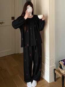 Teen Girl Black Top And Long Pants Casual Pajama Set - Black - View 5