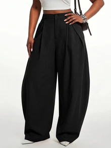 SHEIN SXY Plus Size Suit Pants Office Business Formal Black Winter Casual Smart Baggy - Black - View 3