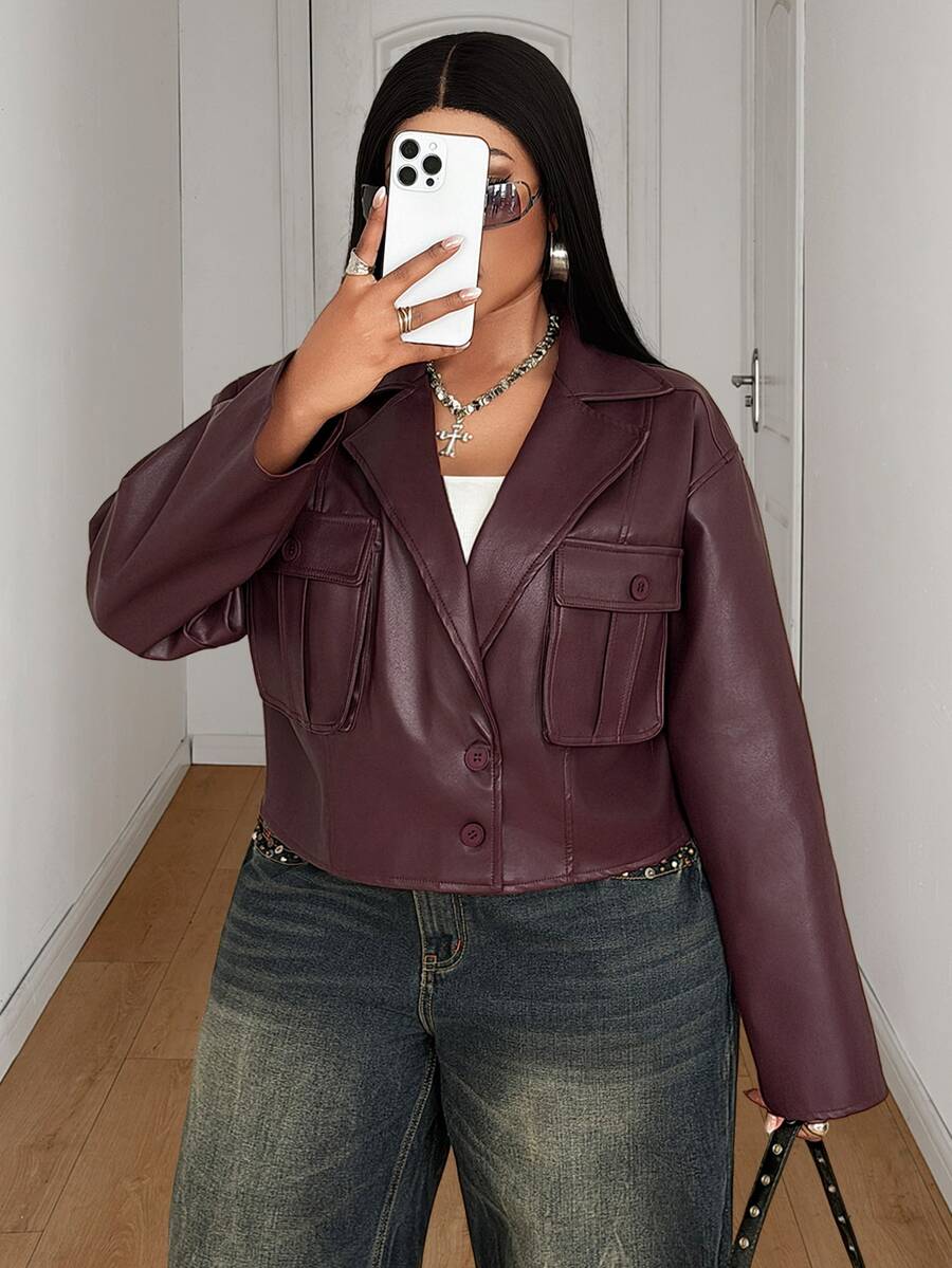 Maweii Plus Size Women's Autumn/Winter Plus Size Lapel Long Sleeve Jacket Cool Loose Fit - Burgundy - View 1