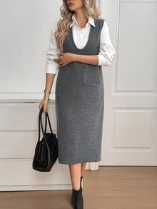 Sprig & Strand Autumn/Winter Slouchy Deep V Neck Straight Pocket Tank Dress Commuter Youthful Design Women's Sweater Dress - Grey - View 5