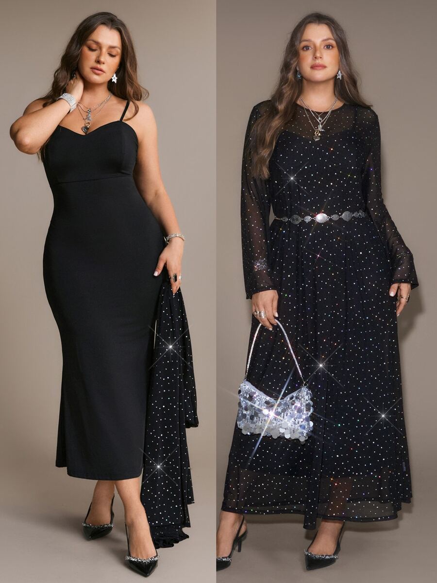 Freevana Plus Size Women's Party Mesh Rhinestone Long Sleeve Round Neck Dress Set - Black - View 1