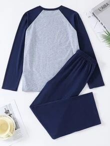 SHEIN Teen Boys Casual Comfortable Versatile Patchwork Colorblock Raglan Sleeve Long Sleeve Top & Long Pants Pajama Set - Multicolor - View 2