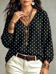 Glimmora Women's Autumn/Winter New Hot-Selling Polka Dot Print Pattern Casual Versatile Plus Size T-Shirt - Multicolor - View 5