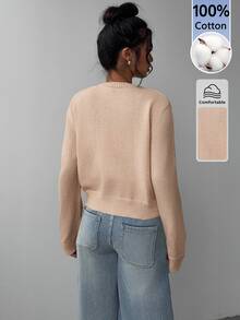 SHEIN BASICS 女款極簡復古單排扣長袖針織開襟衫 - 卡其色 - 查看 2