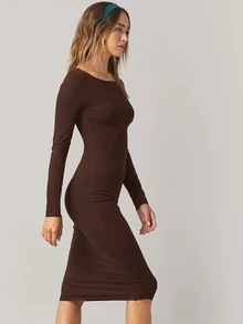 SHEIN BASICS 純色貼身中長洋裝，商務休閒女款／優雅夏季女裝套裝 - 咖啡 - 查看 3