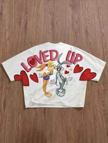 LOONEY TUNES X SHEIN Daypath OEM LOVE UP 情侶款寬鬆短版蝙蝠袖T恤 - 白色 - 查看 1