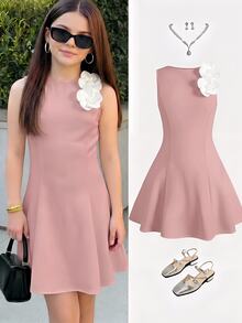 SHEIN Pitira Teen Girls Pink Elegant 3D Floral Decor Waist-Cinching A-Line Sleeveless Dress, Formal Wear - Pink - View 4