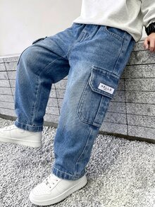 SHEIN 男嬰復古休閒街頭風多口袋寬鬆舒適全彈性腰抽繩收口褲腳水洗淺藍牛仔工裝長褲 - 淺色水洗藍 - 查看 1