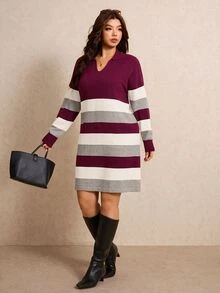 Elaquor Plus Size Women's Collared Striped Casual Knit Dress - Multicolor - View 4
