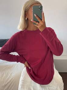 DAZY 女款圓領長袖簡約休閒T恤 - 酒紅色 - 查看 7