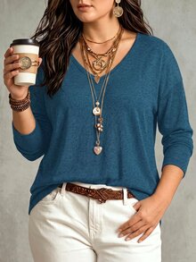 Glimmora Women's Autumn/Winter New V-Neck Long Sleeve Drop Shoulder Loose Soft Knit Plus Size T-Shirt - Blue - View 5