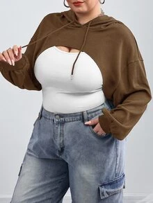 SHEIN CURVE+ 大尺碼黑色針織超短連帽毛衣，適合秋冬穿著 - 棕色 - 查看 3