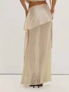 MUSEYN Rok Maxi Asimetris Model Ekor Ikan dari Satin Krem dan Gorganza, Elegan untuk Kencan Malam, Chic, dan Musim Gugur. - Krem - View 4