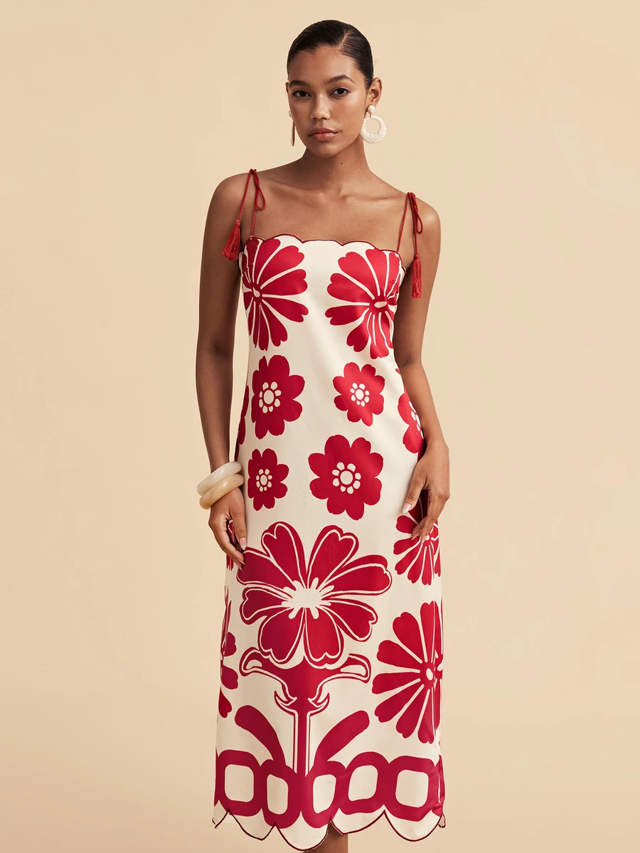 Travachic Women's Floral Print Casual Party Spaghetti Strap Dress - Red - View 1