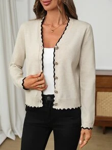 EMERY ROSE Cardigan Rajut Wanita Leher V Kancing Depan dengan Trim Tepi Bergelombang Kontras Lengan Panjang Model Pendek Sweater Wanita Musim Gugur Musim Dingin - Aprikot - View 7