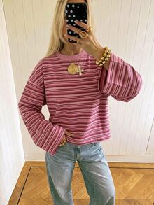 SHEIN EZwear 女款休閒圓領寬鬆長袖T恤，條紋印花，女款休閒穿搭，秋季服飾，適合日常通勤、聚會、夏季、聖誕節、新年、感恩節、派對、婚禮、海灘、出遊、約會、情人節、優雅、度假、Y2K - 彩色 - 查看 5