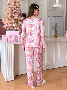 SweetSlumber Sweet & Cute Christmas Gingerbread Man Cream Cup Candy Cane Print Round Neck Women Pajama Set - Pink - View 4