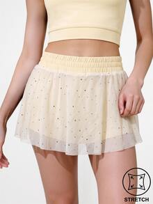 SHEIN 青少年女孩黑色網紗水鑽時尚運動裙，瑜伽體操套裝運動裙 - 黃色 - 查看 5