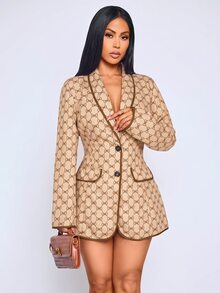 SOLERSUN Sexy Elegant Commuter Workplace Blazer Vintage Print Slim Fit Autumn Winter Jacket Old Money Style Women (Random Floral) - Khaki - View 5