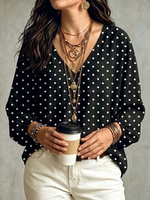 Glimmora Women's Autumn/Winter New Hot-Selling Polka Dot Print Pattern Casual Versatile Plus Size T-Shirt - Multicolor - View 3