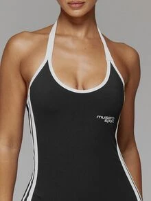 Musera Sport 對比色挖領前襟側條紋低背修身運動連身衣 奶油黃 秋冬健身房 皮拉提斯 健身 日常休閒 - 黑色 - 查看 6