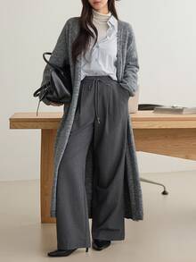 Dazy-Less Women's Solid Color Dropped Shoulder Long Sleeve Waist Tie Long Knit Cardigan - Dark Grey - View 3