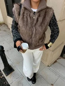 Livesso Brown High Neck Plush Patchwork Leopard Print Sleeve Zipper Slim Fit Casual Colorblock Faux Fur Jacket - Khaki - View 6