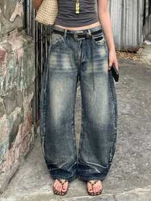 DAZY Women's Dark Blue Washed Distressed High Waist Loose Straight Leg Contrast Stitching Vintage Casual Denim Jeans - Blue - View 10