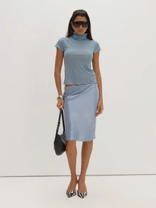 MUSEYN Blue Satin Low Waist Midi Skirt Classy Date Night Chic Evening Fall - Blue - View 2