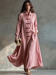 Glimmora New Chinese Style Stand Collar Frog Button Long Sleeve Dress Vintage Artistic Loose Plus Size Women - Pink - View 1