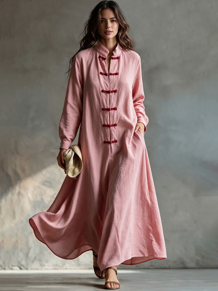 Glimmora New Chinese Style Stand Collar Frog Button Long Sleeve Dress Vintage Artistic Loose Plus Size Women - Pink - View 1