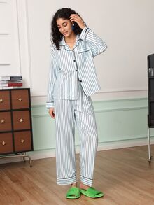 Chillnights Women's Casual Young Striped Print Colorblock Thin Cuff Embroidered Pajama Set - Blue - View 6
