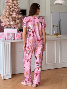 SweetSlumber طقم بيجامة نسائي لطيف بطبعة بابا نويل ورجل الثلج ورجل الزنجبيل والفيونكة بياقة دائرية لعيد الميلاد - وردي - مشاهدة 4