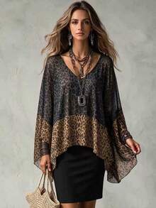 Glimmora Leopard Print Patchwork V-Neck Chic Fashionable Versatile Top Suitable For Dates, Vacations, Parties, Daily Outings, Gatherings, Outdoor Activities - Black - View 3