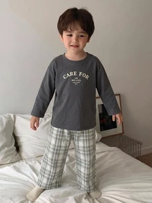 Dazy Kids 兒童秋季小男孩圓領針織字母印花短袖T恤＋梭織格紋長褲居家服2件套 春夏 - 深灰色 - 查看 4