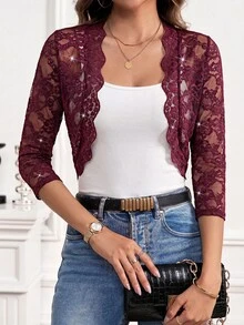 SHEIN Clasi 女款蕾絲 3/4 袖開襟短版輕量夾克 - 酒紅色 - 查看 7