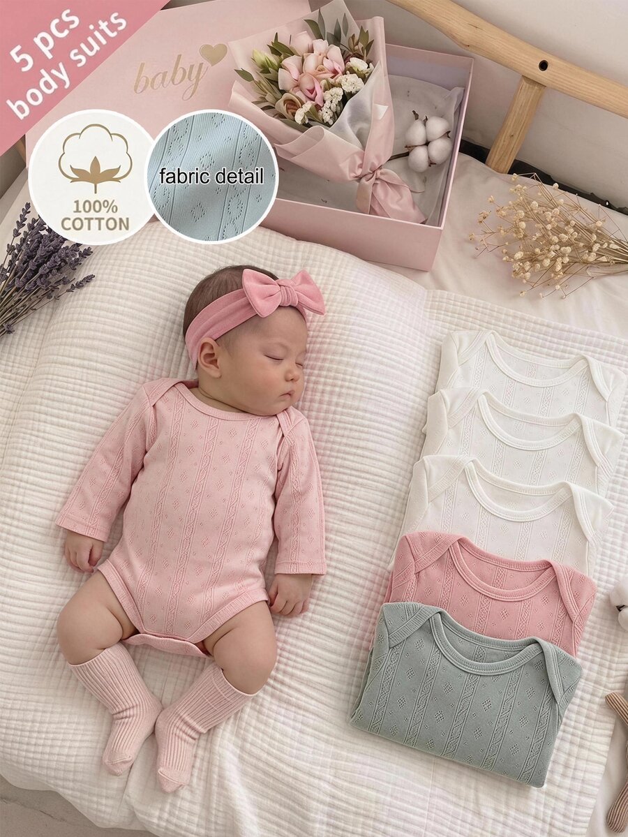 SHEIN Newborn Baby Girl Autumn/Winter Cute White Long Sleeve Jumpsuit 5pcs Set - Multicolor - View 1