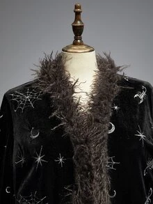 ROMWE Dark Gothic Mysterious Divination Style Star & Moon Pattern Embroidered Fur Collar Decor Plus Size Coat - Black - View 3