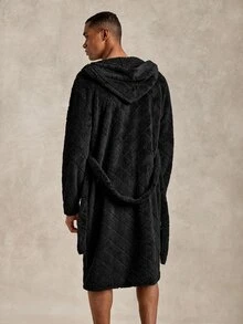 EverLounge Autumn/Winter Men's Minimalist Basic British Style Black Double-Sided Fleece Embossed Fabric Hooded Loungewear Robe - Black - View 2
