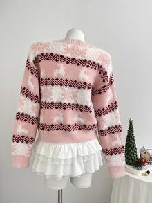 Elamini Minimalist Christmas Women's Autumn/Winter Pink Long Sleeve Slim Fit Knit Cardigan Sweater Top - Pink - View 2