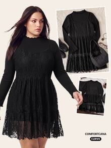 Comfortcana Plus Size Autumn/Winter Lace Camisole Dress & High Neck Cotton T-Shirt Black Set - Black - View 13