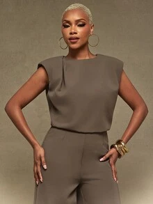 Vixey Tailored Wide Leg Jumpsuit With Padded Shoulders, Office Work Wear, Business, Daily - Khaki - View 4