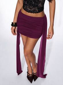 SHEIN ICON 女款棕色音樂會夜店外訪網紗 Coachella 休閒復古夏季純色荷葉邊百褶裙 - 中紫紅色 - 查看 7