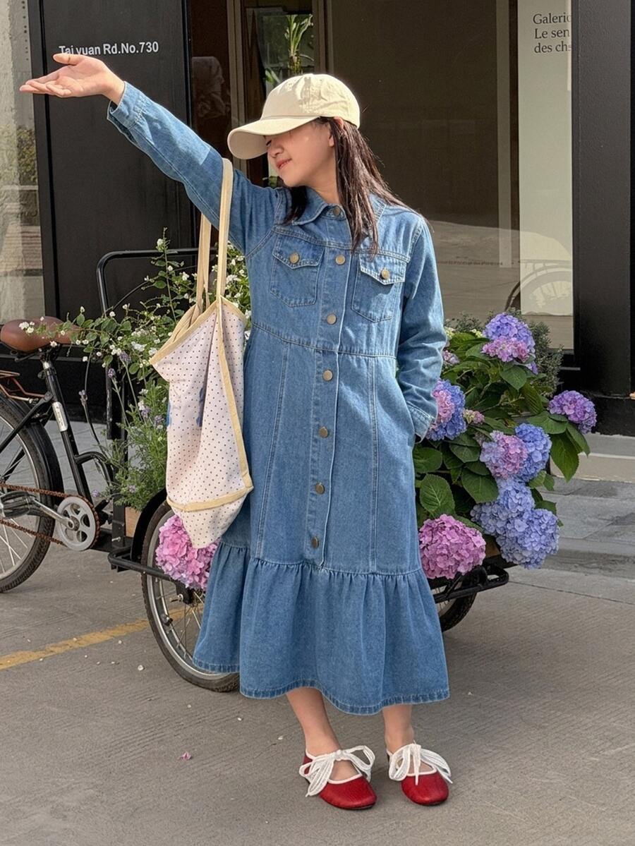 DAZY Tween Girl Fashion Button Pocket Design Long Sleeve Denim Dress - Medium Wash - View 1