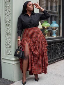 Slaydiva Plus Size Plaid High Slit Asymmetrical Pleated Midi Skirt - Orange - View 2
