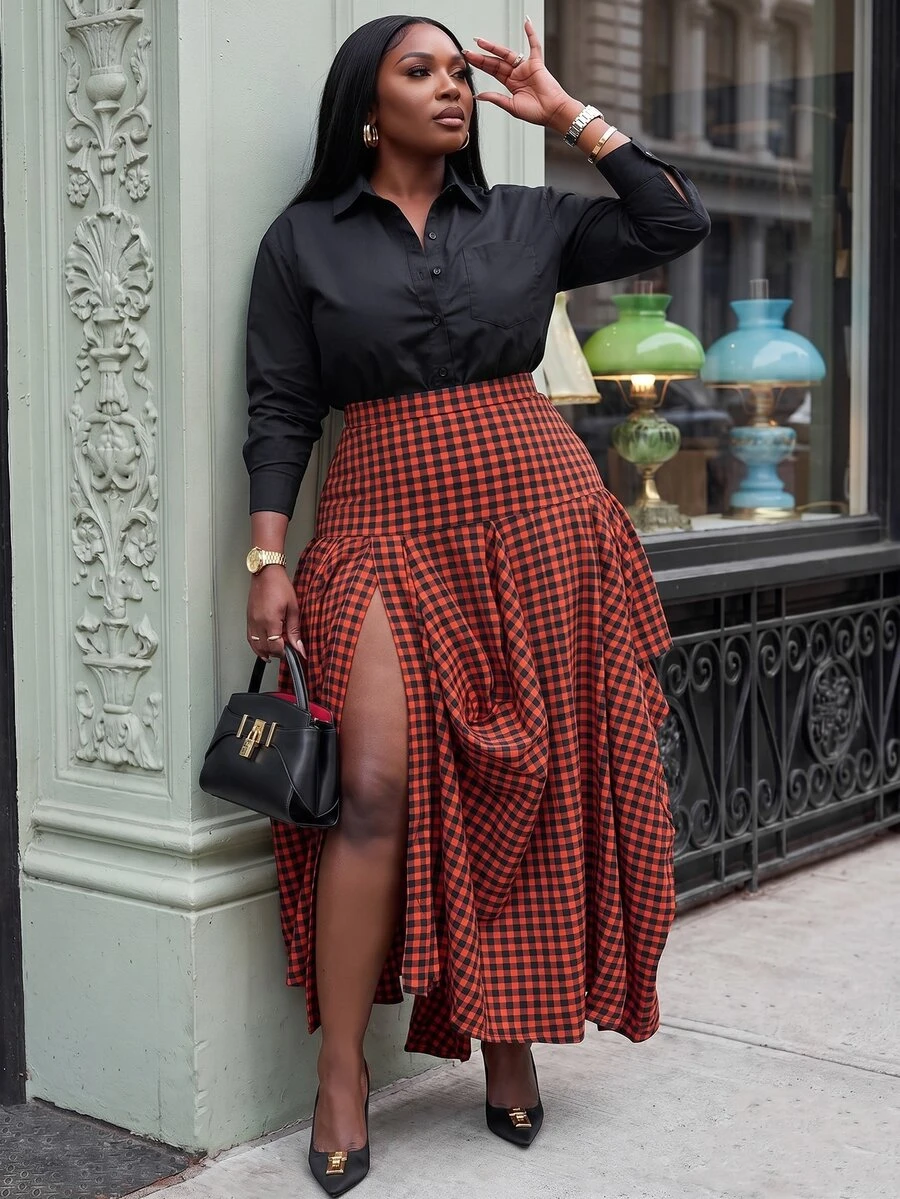 Slaydiva Plus Size Plaid High Slit Asymmetrical Pleated Midi Skirt