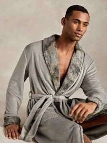 EverLounge Men's Autumn/Winter British Style Basic Minimalist Comfortable Light Gray Double-Sided Flannel Contrast Color Tie-Dye Shawl Collar Long Robe Coat - Grey - View 1