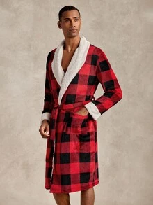 EverLounge Autumn/Winter Men's Minimalist Basic Fit Classic Black & Red Plaid Print Christmas Atmosphere Contrast Color Lapel Design Loungewear Robe - Multicolor - View 3