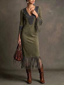 LUMIGAL Women's Printed V-Neck Tassel Cuff Elegant Vintage Dress - Olive Green - View 5