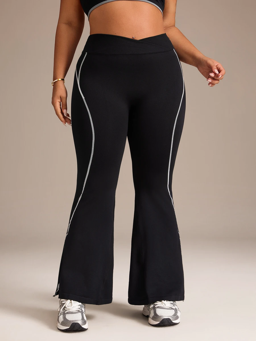 SHEIN Rhythm Era Legging Olahraga Wanita Plus Size Tanpa Jahitan Elastisitas Tinggi - Hitam - View 1